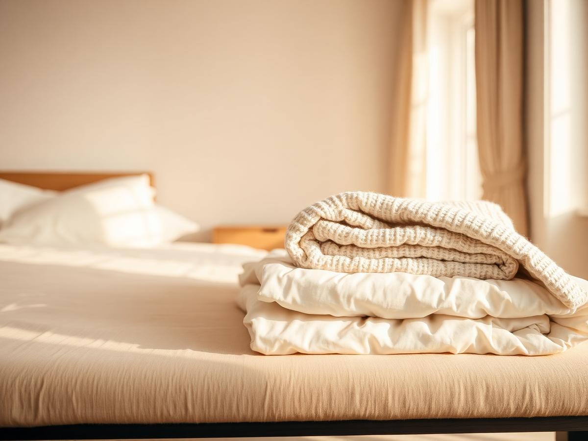 Roupas de cama e cobertas dobradas sobre uma cama em quarto iluminado