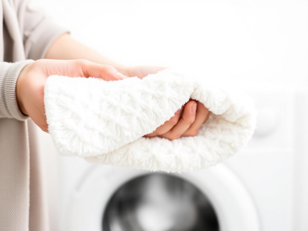Mãos segurando uma toalha branca felpuda recém-lavada