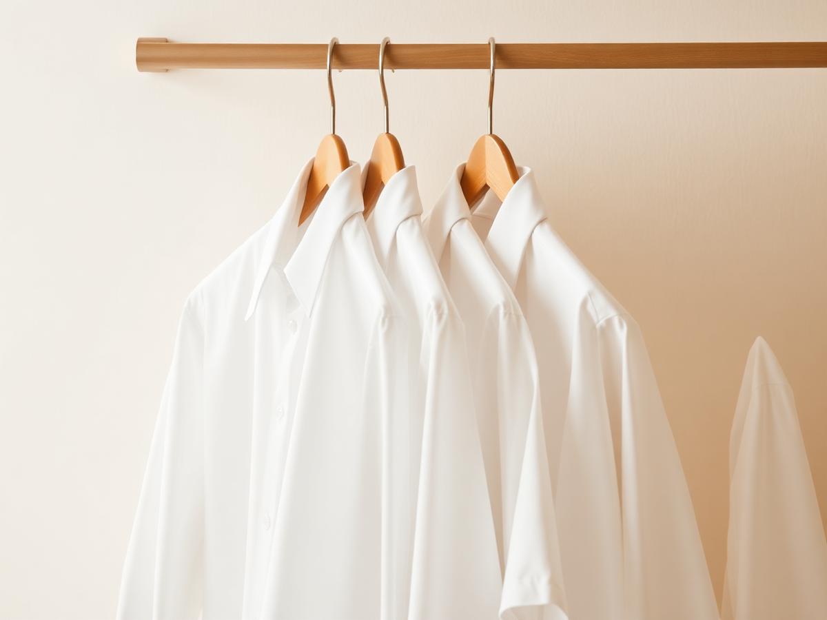 Camisas sociais brancas bem passadas em cabides de madeira
